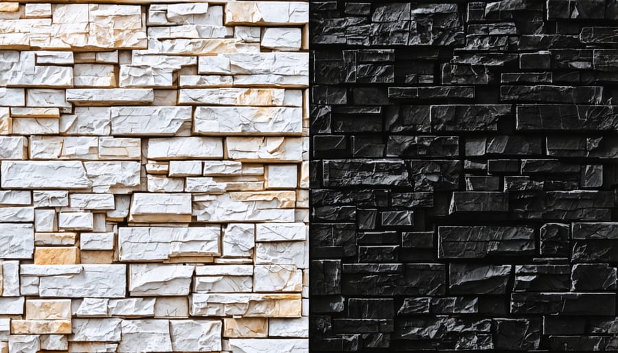 Comparison of a stone wall photographed in color versus black and white, demonstrating enhanced texture visibility