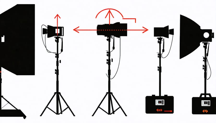 Technical diagram of three-point lighting arrangement showing key light, fill light, and rim light positions