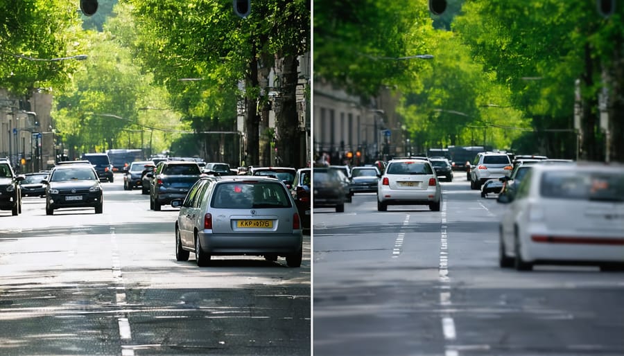 Comparison showing successful removal of street poles and trash bins from an urban photograph