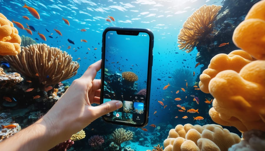 A diver holding an iPhone in a waterproof housing, surrounded by vibrant coral reefs and colorful marine life, exemplifying its use as an underwater photography tool.