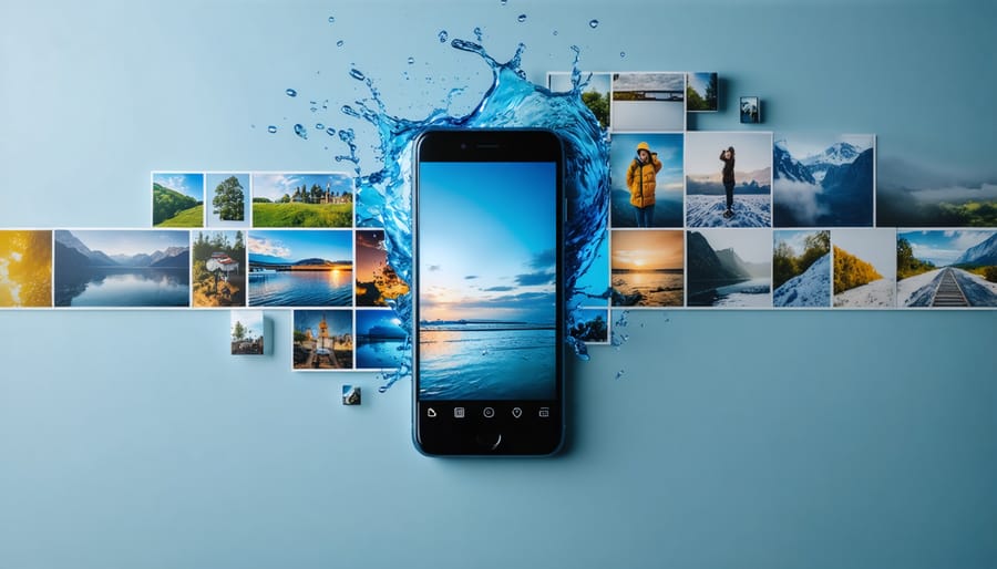 A smartphone displaying a vivid collage of edited professional-grade photos, illustrating the power of mobile editing tools to enhance ordinary snapshots.