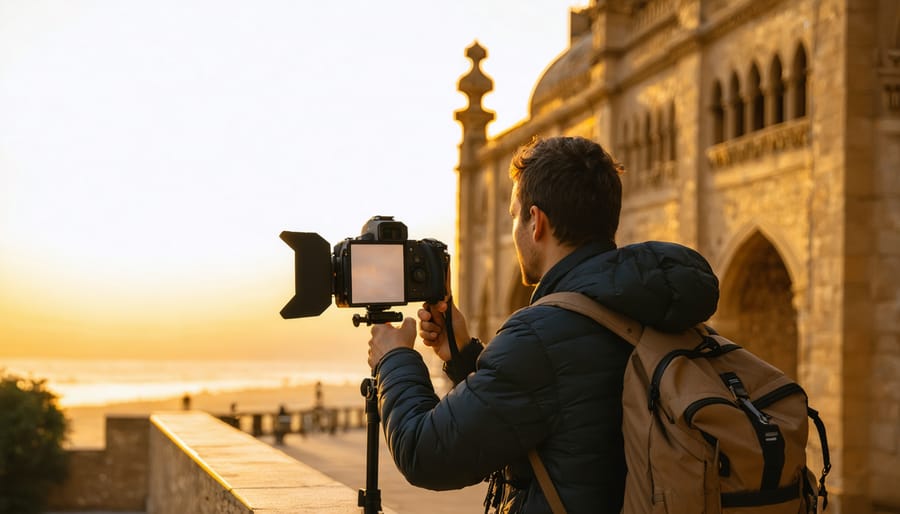 A travel photographer using a collapsible reflector and LED light panel during golden hour to capture a beautifully lit architectural scene.