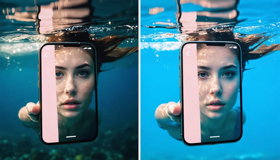 Side-by-side comparison showing underwater photo before and after color correction