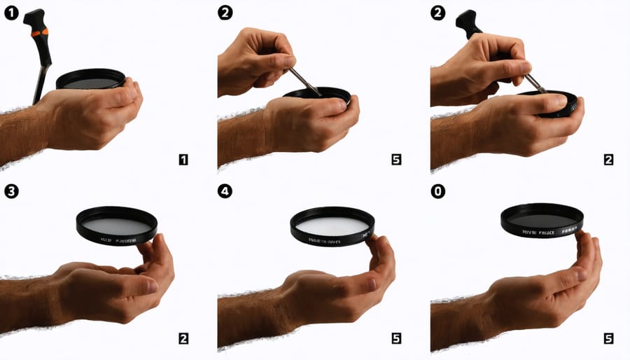 Proper technique for cleaning a camera UV filter using appropriate tools