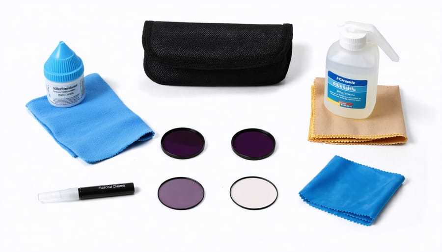 Essential camera lens cleaning supplies arranged on a clean surface