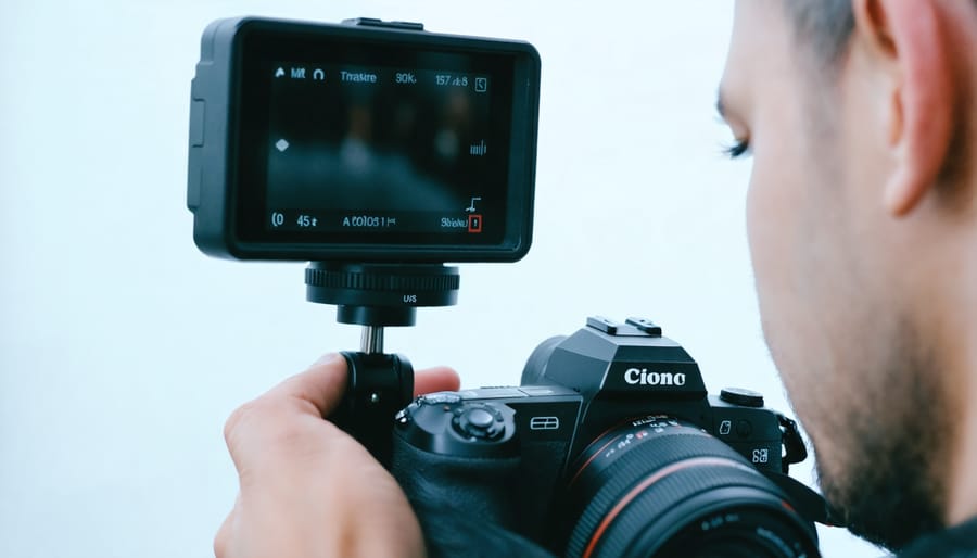 Photographer demonstrating eye-tracking autofocus while recording video with a digital camera