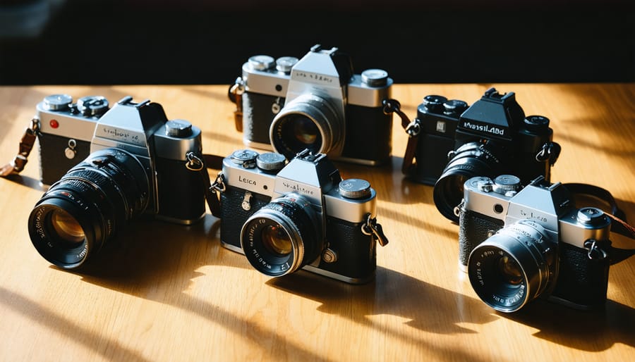 A curated selection of vintage cameras, including the Leica M3 and Hasselblad 500C, elegantly laid out on a wooden surface, showcasing their timeless design and craftsmanship.