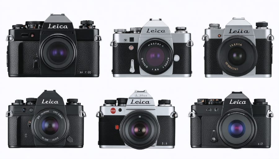 Vintage Leica cameras including M3 and M6 models displayed on wooden surface