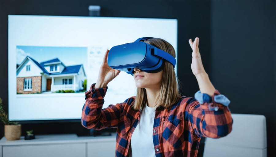 Real estate agent demonstrating virtual property tour using VR headset