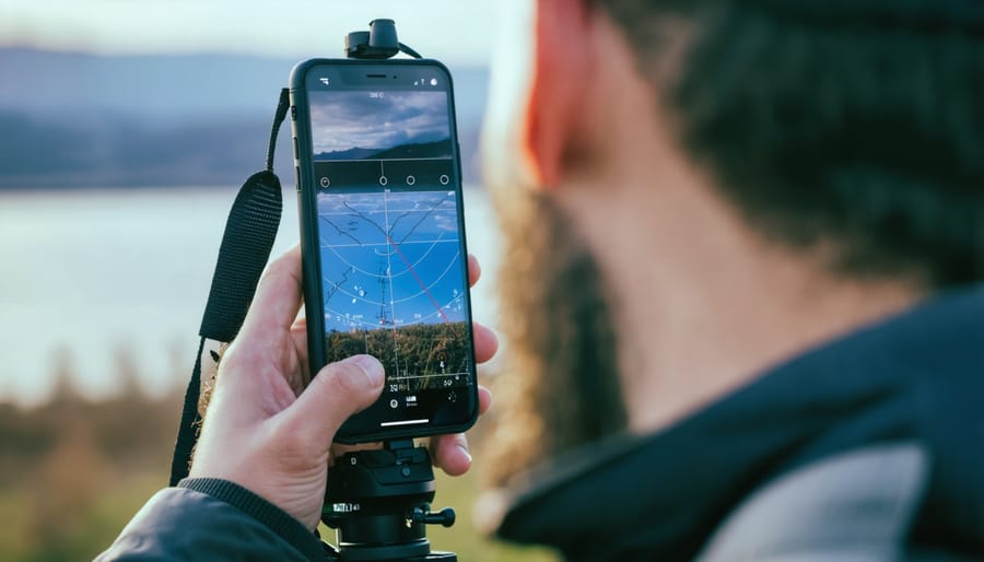 Weather photographer monitoring storm radar on mobile device during field preparation