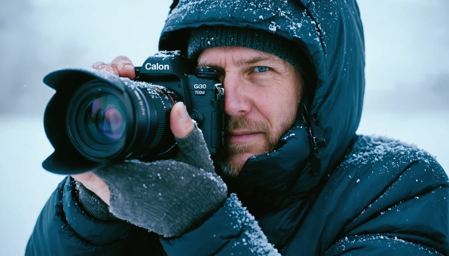 Photographer capturing images during a snowstorm with professional weather-sealed camera equipment