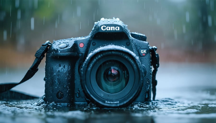 Weather-sealed camera protected by transparent rain cover during storm photography