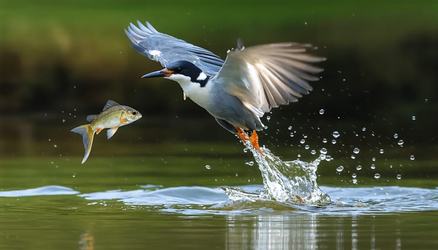 Osprey with wings spread catching fish from lake surface with water droplets frozen in air