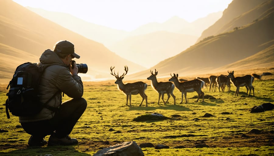 "Wildlife photographer capturing a herd of deer in a sunlit valley during dawn, highlighting the harmony between nature and photography."