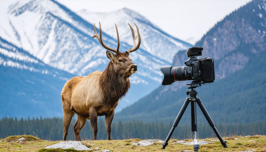 Wildlife photographer with professional gear photographing elk in mountainous terrain