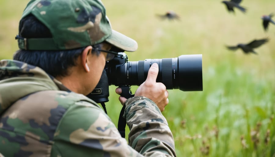 Professional wildlife photographer using telephoto lens while hidden in a camouflage blind