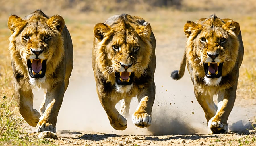 Three-photo sequence capturing different stages of lion hunting behavior