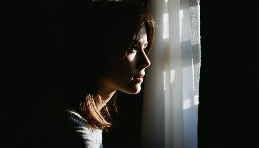 Side profile of a person's face lit dramatically by natural window light