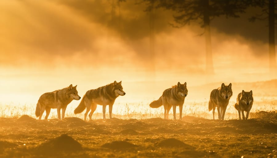 Silhouette of wolves during golden hour with atmospheric morning light