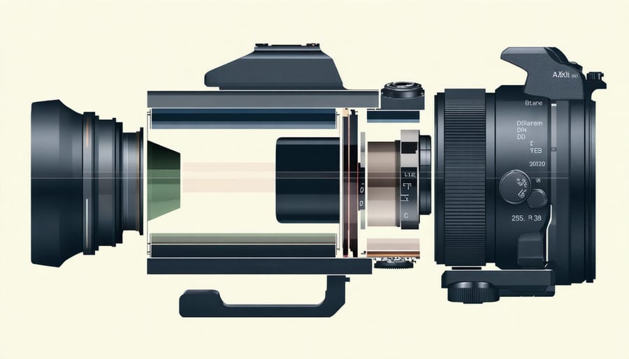 Technical drawing showing the internal elements and mechanical structure of an early zoom lens