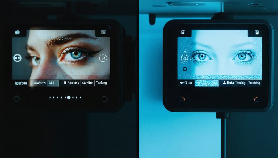 Split-screen visual comparing traditional autofocus struggling with movement and dim light, versus an AI-powered USB camera perfectly capturing a moving subject with eye-detection and tracking markers.