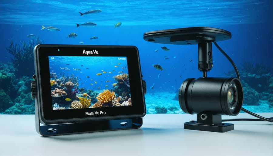 Aqua-Vu AV Multi-Vu Pro underwater camera being used by an angler with visible display screen