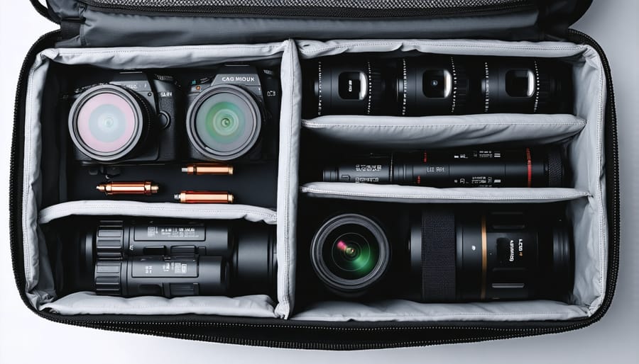 Well-organized photography bag with dedicated battery storage and charging system