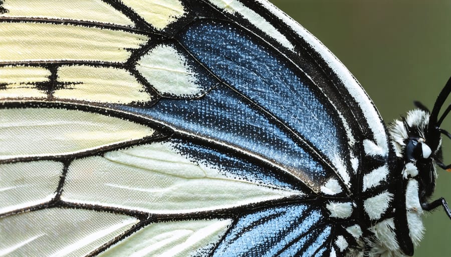 Detailed macro photograph of butterfly wing scales showing iridescent colors and textures