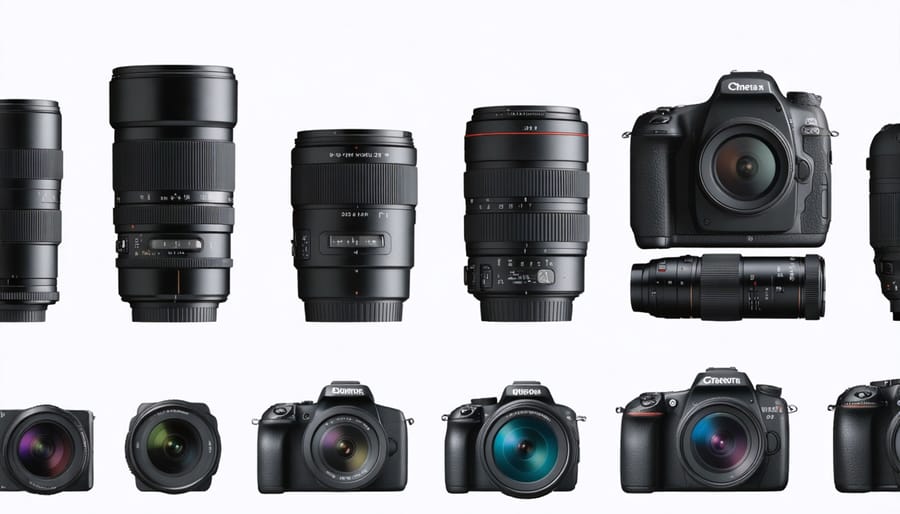 Various professional mirrorless and DSLR cameras with compatible lenses displayed together