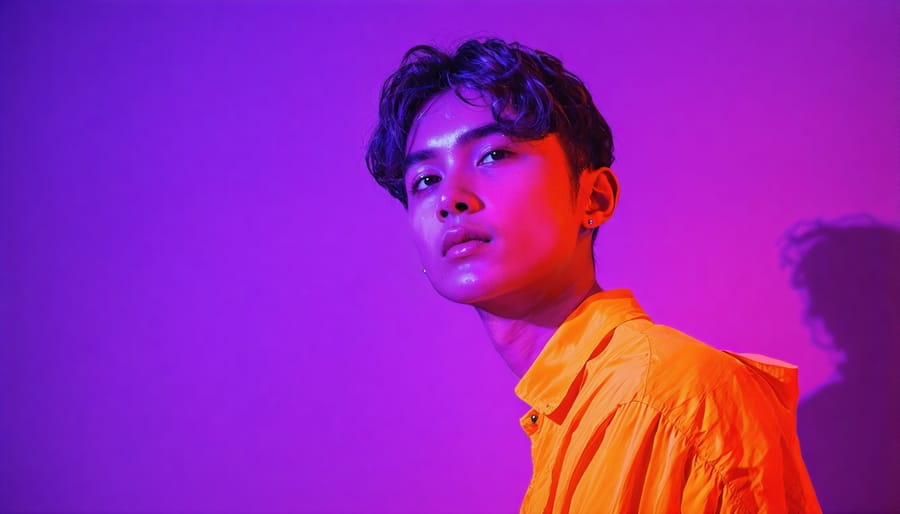 Creative portrait using multiple color gels creating dramatic complementary color lighting