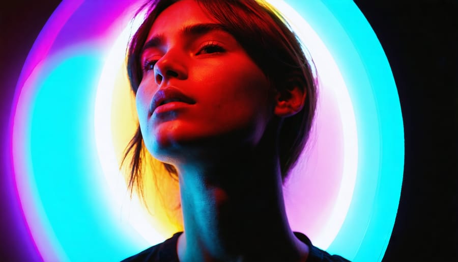 Portrait of a person creatively lit with colorful gel lighting and neon effects, demonstrating advanced portrait photography techniques.