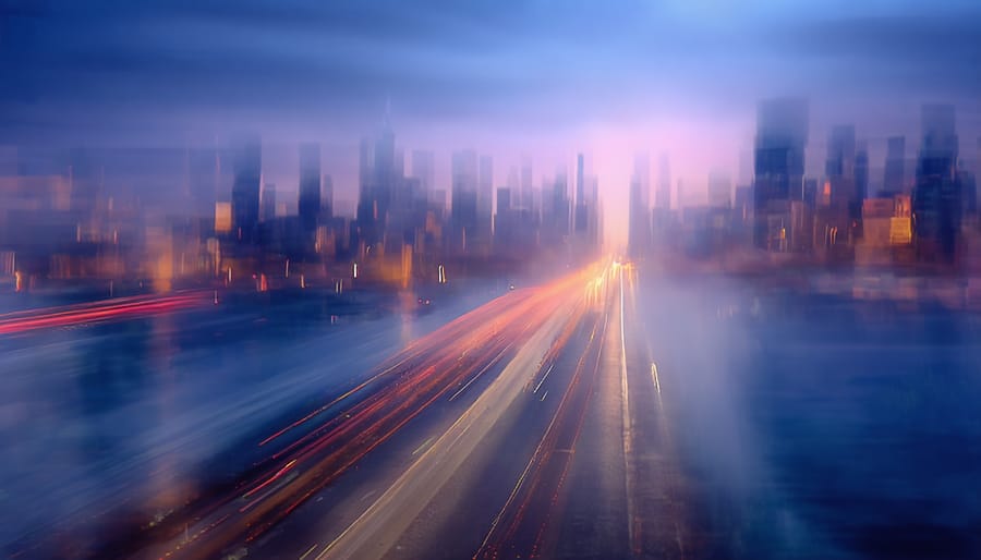 A mesmerizing dreamlike cityscape with dynamic light trails and layered exposures, showcasing artistic motion blur and ethereal elements.