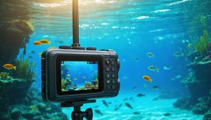 Underwater scene with high-tech fishing camera capturing clear and detailed images of fish and underwater structures, illustrating advancements in underwater camera technology.