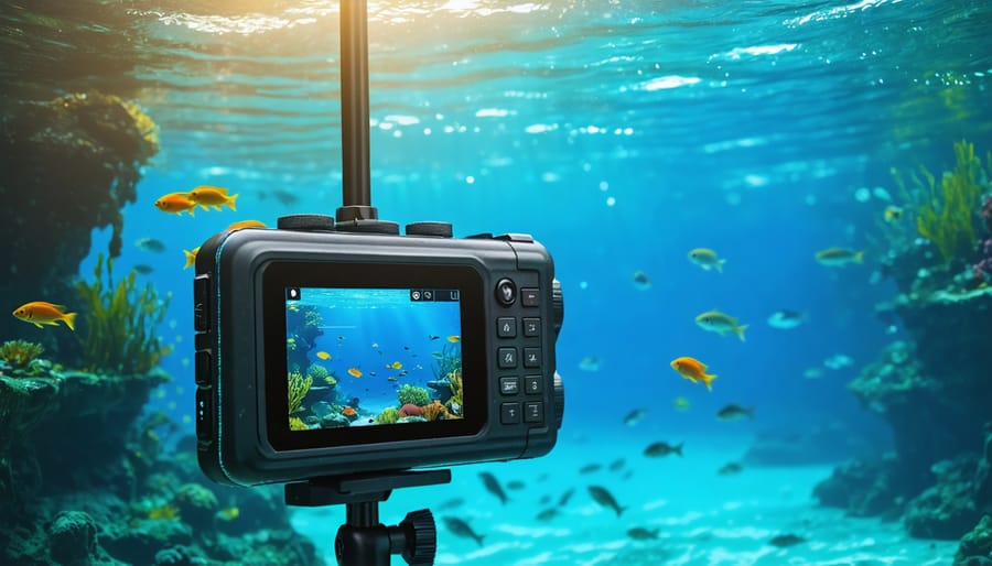 Underwater scene with high-tech fishing camera capturing clear and detailed images of fish and underwater structures, illustrating advancements in underwater camera technology.