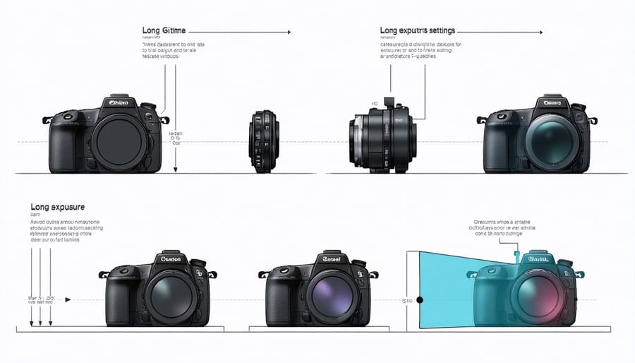 Infographic illustrating recommended camera settings including ISO, aperture, and shutter speed for daylight long exposures