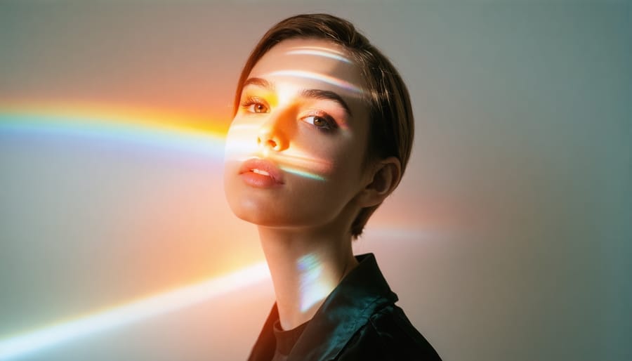 Creative portrait using CD reflection showing prismatic lighting effects