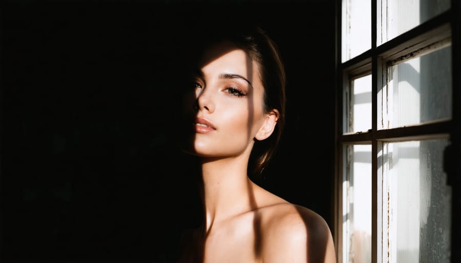 Portrait of a woman with her face illuminated by soft, dramatic window light, casting striking shadows.