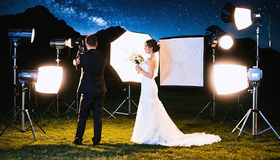 Photographer using battery-powered lights in a scenic outdoor location, demonstrating the versatility and power of modern portable lighting in creative photography.