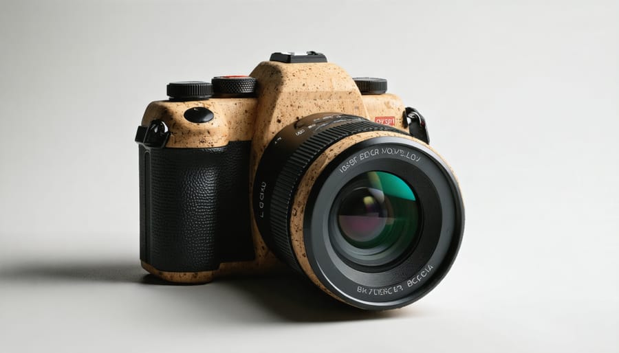 DSLR camera featuring eco-friendly cork hand grip and recycled rubber body covering