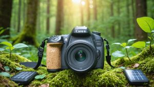 DSLR camera with cork grip and solar charging panel, symbolizing sustainable photography practices in a green forest setting.