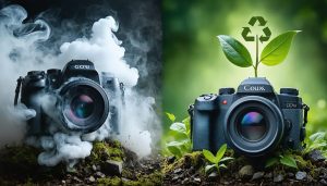 A split-screen image showing the contrast between a traditional camera with pollution-related elements and an eco-friendly camera surrounded by greenery and recyclable symbols, highlighting the shift towards sustainable camera materials.