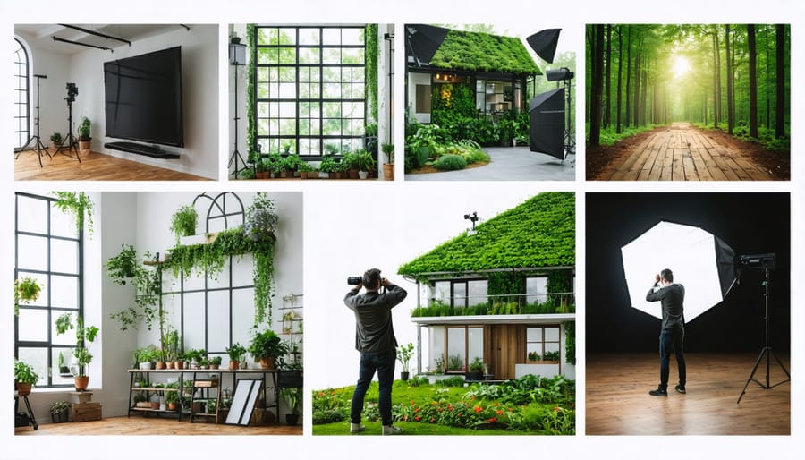 Collage displaying elements of a sustainable photography studio with large windows for natural light, LED lighting, and a photographer shooting a green-roofed building, illustrating eco-friendly practices.