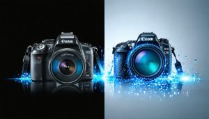 A split image showcasing a digital camera transitioning into an enhanced photo with visible Adobe Lightroom and Photoshop interfaces, highlighting the impact of photography software on digital editing.