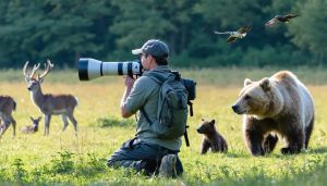 A wildlife photographer with a telephoto lens observing animals in their natural habitat, representing the theme of ethical wildlife photography.