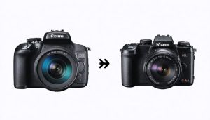 Conceptual image showing the transition from a large DSLR camera to a compact mirrorless camera, symbolizing technological advancements in photography.