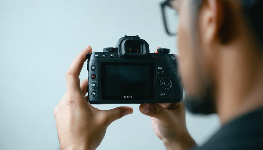 Photographer capturing portraits with eye-autofocus feature highlighted on camera screen