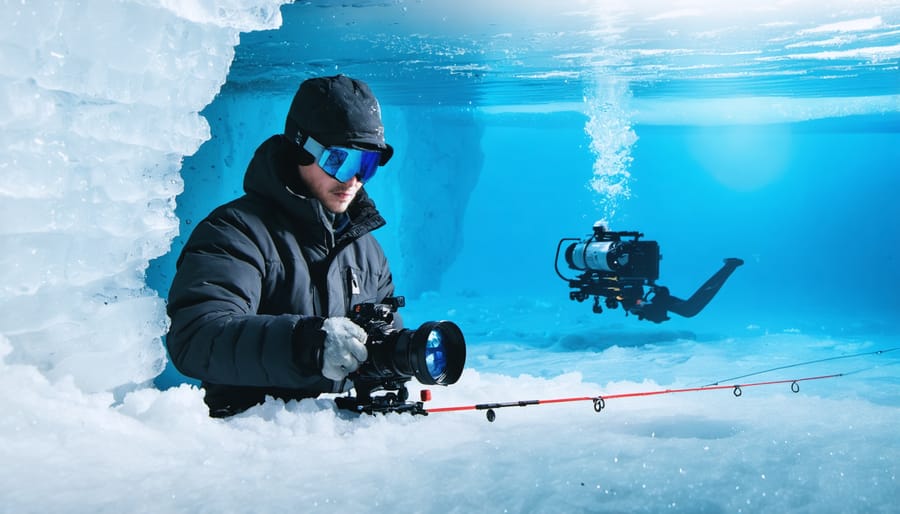 Angler using Deep Trekker DTG3 underwater camera while ice fishing