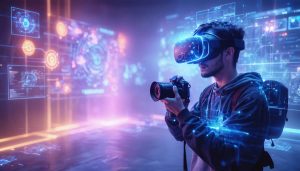 A professional photographer engaging with a futuristic 360-degree camera setup in a digital environment, surrounded by holographic interfaces and glowing interaction cues, illustrating the immersive nature of virtual reality photography.