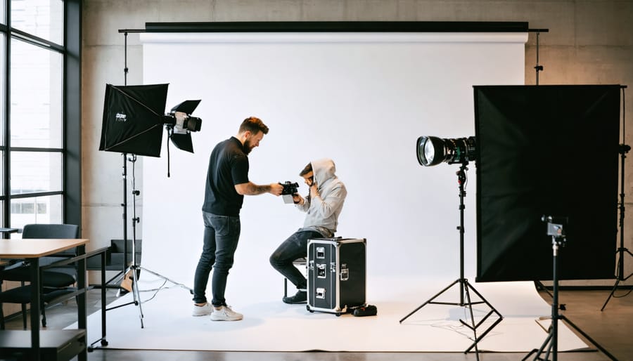 A professional photographer configuring a mobile studio in a contemporary office setting, highlighting the evolving trends in the photography industry.