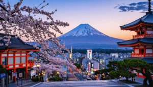 An artistic representation of Japan's photogenic landscapes, featuring Mount Fuji framed by cherry blossoms, traditional temple architecture, and Tokyo's vibrant Shibuya Crossing.